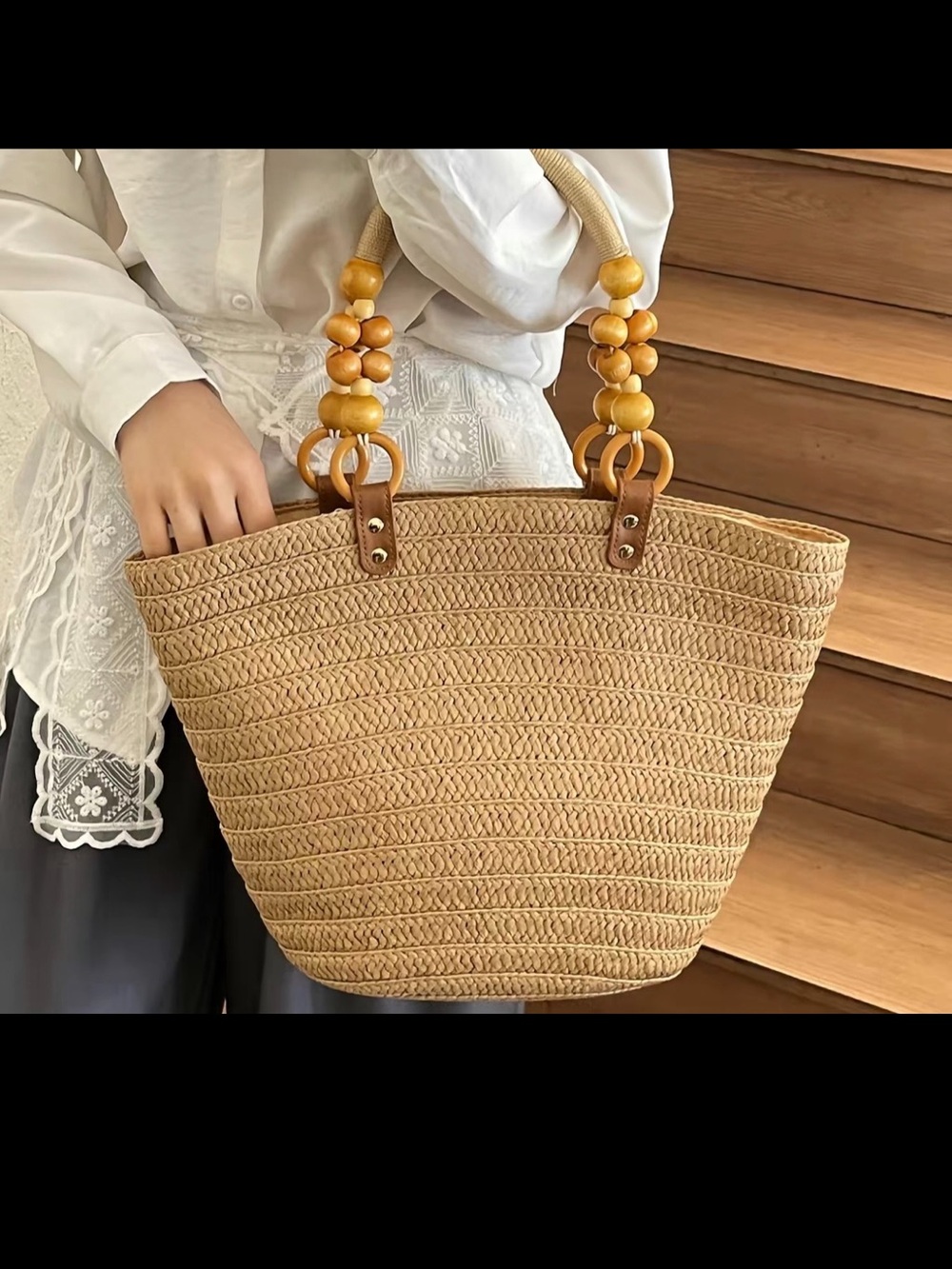 Woven Straw Crossbody Bag with Beaded Handles - Tan